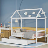 Solid Wood Twin House Bed Frame with Twin Size Trundle For White Color, No Box Spring Needed W69740991