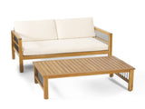 Outdoor Acacia Wood and Iron Loveseat and Coffee Table Set with Cushions, Teak, Black, Beige 73021.00BGE