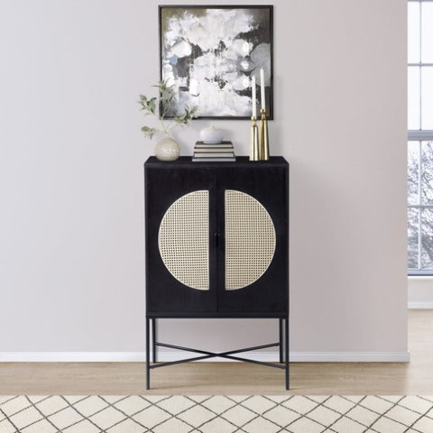 ZUN Black 2-door Wine Cabinet with Rattan Insert B062P185707