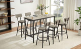 ZUN Pub High Dining Table 7 Piece Set, Industrial Style Pub Table, 6 PU Leather Bar Chairs for Kitchen W1668P193689