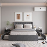 Queen Size Bed Frame with 4 Storage Drawers and Wingback Headboard, Button Tufted Design, Dark Grey W1303P227900