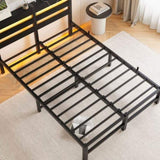 Full Size Metal Bed Frame with Wooden Headboard, RGB Lights, Outlets & Charger, Storage Shelf, W840P209906
