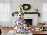 7 FT Snow Flocked Pre-lit Artificial Pop Up Christmas Tree with 200 Warm Lights and Blue & Silver 98640513