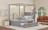 ZUN Queen Size Canopy Platform Bed with Twin Size Trundle and Three Storage Drawers,Gray 45763716