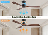48 Inch Ceiling Fan Without Light, 3 Solid Wood Blades Indoor&Outdoor Ceiling Fan 6-speed Reversible W934P196653