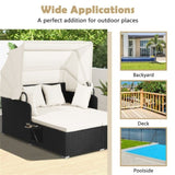 White Rattan Daybed Lounge W/ Retractable Top Canopy Side Tables Cushions 65135668