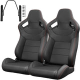 2PC New Universal Bucket Racing Seats Red Stitch Red PVC Leather Reclinable Carbon Look Leather Back W1739P266854