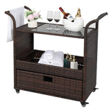 ZUN Outdoor Patio Wicker Rattan Serving Bar Cart Sideboard On Wheels Brown Gradient 72384423