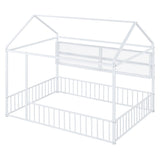 Full Size Metal Bed House Bed Frame with Fence and Shelves, White N737P175361K