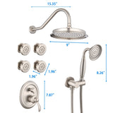 Single-Handle 4-Spray Patterns Bathroom Rain Shower Faucet with Body Jet Handshower in Brushed W1219133596