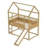 House Bunk Bed with Convertible Slide and Ladder, Floor Bunk Bed Twin Over Twin with Safety W1858P241096