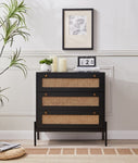 ZUN Rattan Storage Cabinet with 3 Large Drawers, Boho Mid-Century Wooden Nightstand Drawer Dresser, W1801P182002