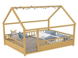 Full Size Floor Wooden Bed with House Roof Frame, Fence Guardrails W1858P310085