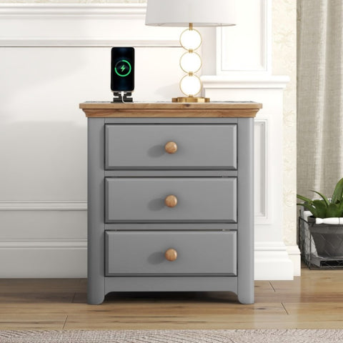 ZUN Wooden Nightstand with USB Charging Ports and Three Drawers,End Table for Bedroom,Gray+Natrual 26095229