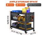 3 Tier Tool Cart on Wheels, Heavy Duty Metal Service Cart with Pegboards, 660 LBS Load Capacity Tool 50916155