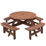 8-Person Outdoor Circular Wooden Picnic Table with 4 Built-in Benches for Patio Backyard Garden, 24709656
