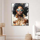 African American Woman Canvas Wall Art Black Girl with Curly Hair Sunglasses Orange Headwrap W3374P322229