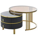 ZUN ON-TREND Φ27.5'' & Φ19.6'' Stackable Coffee Table with 2 Drawers, Nesting Tables with Brown Tempered WF320536AAB