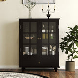 Minimalist Black Buffet Cabinet with Double Glass Doors and Drawer, Modern Wooden Storage Sideboard 26388624