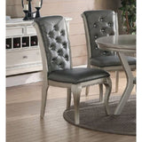 ZUN Luxury Antique Silver Wooden Set of 2 Dining Side Chairs Grey Faux Leather / PU Tufted Upholstered B01149587