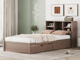 Modern Twin Size Bed Frame With Built-in USB Port on Bookcase Headboard and 2 Drawers for Walnut 68014174