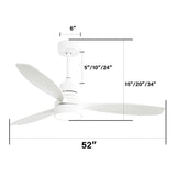 ZUN 52 Inch Wooden Ceiling Fan White 3 Solid Wood Blades Remote Control Reversible DC Motor With Led W882P147235