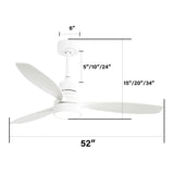 ZUN 52 Inch Wooden Ceiling Fan White 3 Solid Wood Blades Remote Control Reversible DC Motor With Led 95681271