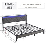 King Bed Frame Storage Headboard, Charging Station and LED Lights, Upholstered Platform Bed W1916124806