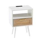 ZUN 15.75" Rattan End table with Power Outlet & USB Ports , Modern nightstand with drawer and solid wood W126573114