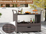 Handwoven PE Rattan Outdoor Bar with Tempered Glass Top & Drawer, 4 Wheels with Brakes Serving 78530937