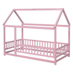 ZUN Twin Size Floor Wooden Bed with House Roof Frame, Fence Guardrails,Pink W504P174635