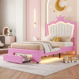 Twin Size Upholstered Bed Frame with LED Lights, Modern Upholstered Princess Bed with Crown W2770P190376