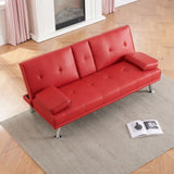 ZUN 67" Red Leather Multifunctional Double Folding Sofa Bed for Office with Coffee Table W165880941