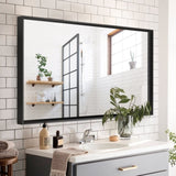 36x24inch Black Rectangular Bathroom Mirror Square Angle Metal Frame Mounted Hanging Plates W2091127006