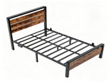 Twin Size Metal Bed Frame, 3-Panel Fire Burnt Brown Wood Grain Headboard with LED Light & Charging 06892471