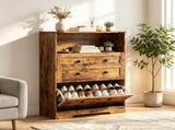 Rustic Brown Narrow Shoe Storage Cabinet 2 Flip Drawers Design, Space-Saving Shoe Rack 19326860