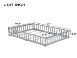 Full Size Floor Bed with Fence and Door,Rubber Wood Floor Bed with Safety Guardrails,Grey W504P296784