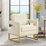 Modern Style Accent Chair with Gold Metal Base , Velvet Upholstered Leisure Chair with Open Armrest, W2186P148523
