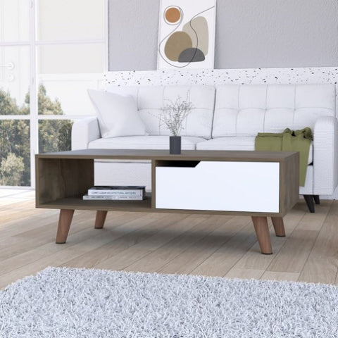 ZUN Dark Brown and White 1-Drawer 1-Shelf Rectangle Coffee Table B06280717