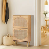2-Tilt Shoe Cabinet with Arched Rattan Surface, MDF with Triamine, 54*24*98cm, Natural Wood Color 18952730