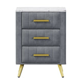 Upholstered Wooden Nightstand with 3 Drawers and Metal Legs&Handles, Bedside Table with Marbling N733P208520E