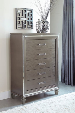 ZUN Silver Gray Metallic Finish Glam Style Storage Chest of 5 Drawers Wooden 1pc Modern Bedroom B011P176906