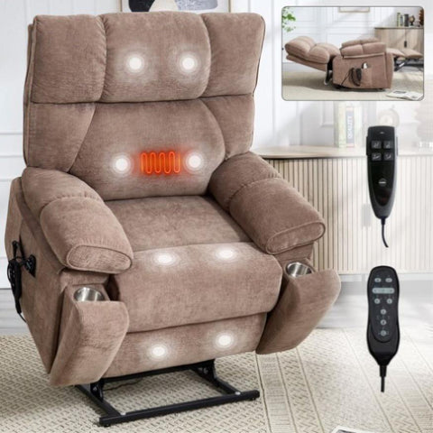 ZUN Brown Heat Massage Dual Motor Infinite Position Up to 350 LBS Large Electric Power Lift Recliners W1803P264024