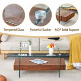 ZUN 43.3 Inch Modern Two-Tier Coffee Table - Clear Tempered Glass and Dark Wood Grain, Multifunctional W1151P232626