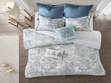 8 Piece Cotton Floral Printed Reversible Comforter Set Blue Cal King B03597067
