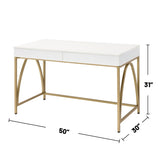 2 Drawers Writing Desk with Metal Trestle Base, White High Gloss and Gold B016P317513