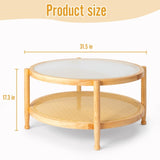 31.5in Rattan Coffee Table with Glass Top, Round End Table, Boho Style Side Table Sofa End Table for 97370521