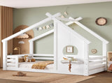 Twin House Floor Bed with Window and a Small Shelf, Solid Wood Floor Bed with House-shaped Roof, No W1580P362678