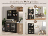 72" Black Kitchen Pantry Storage Cabinet with Hutch, Large Countertop & Adjustable Glass Door 08158916