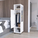 Cluster 63" Tall Wardrove One-Door Cabinet with Mirror, Three Shelves, Casters and Hanging Rod, B070P210732